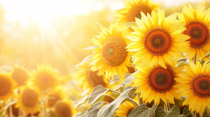 Obraz premium Sunflowers stand tall in a field, their bright yellow petals glowing in the warm light of late afternoon, representing the essence of a fruitful harvest, copy space