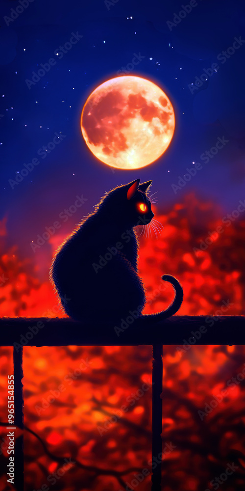 Poster a cat is sitting on a railing in front of a large red moon. the image has a mysterious and eerie moo