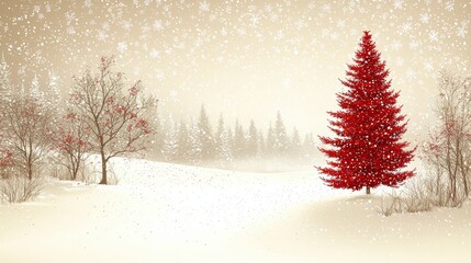 A serene winter landscape featuring a vibrant red tree surrounded by gentle snowfall on a snowy field at dusk