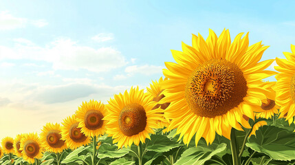 Obraz premium In the countryside, sunflowers stand tall and bright under the warm sunlight, creating a cheerful atmosphere as harvest season begins, copy space