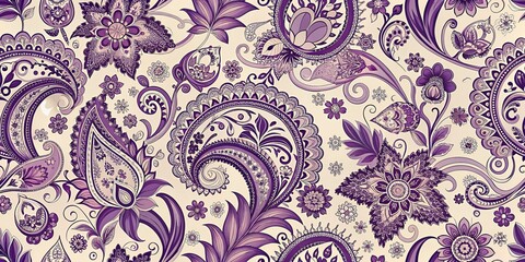 Floral Paisley Pattern with Purple and Cream Tones, Paisley Pattern, Floral Design, Indian Art