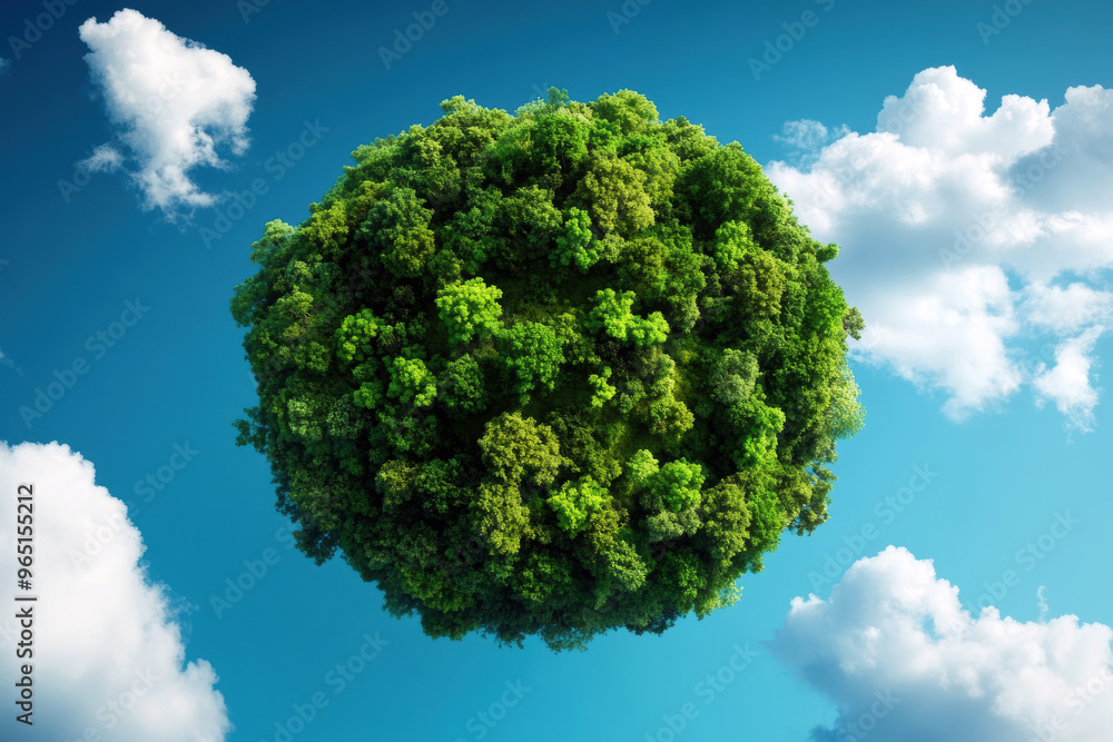 Poster a green sphere of trees floating in the sky. the sky is blue with some clouds. concept of peace and 