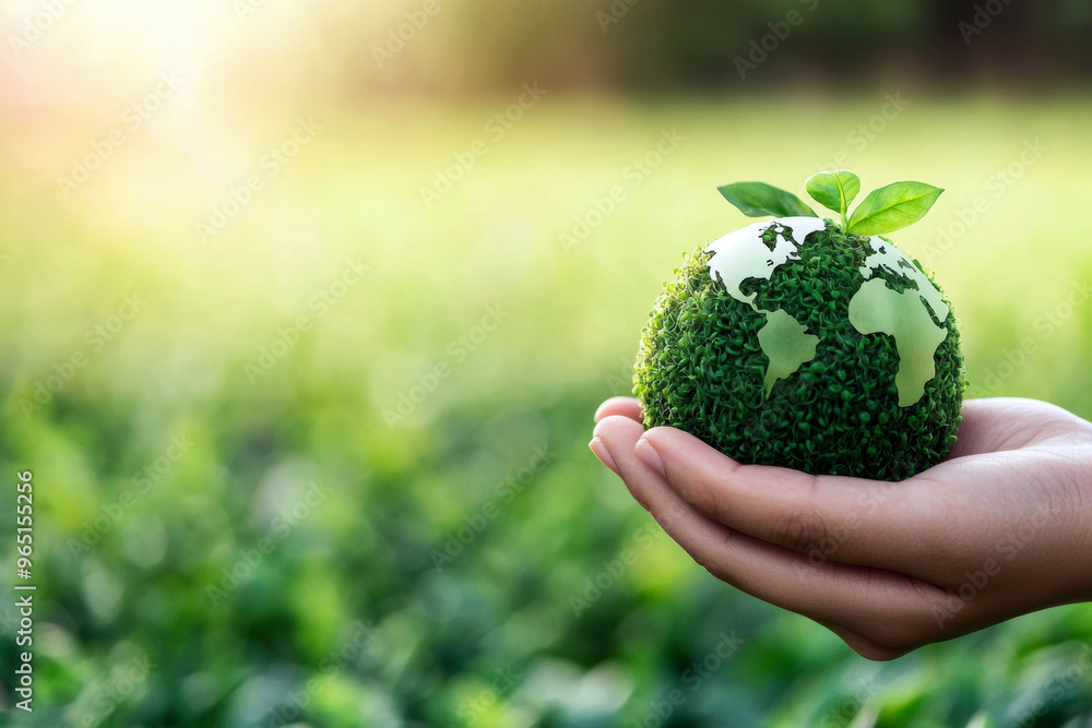 Poster a hand holding a green globe with leaves on it. the globe is surrounded by grass and the image conve