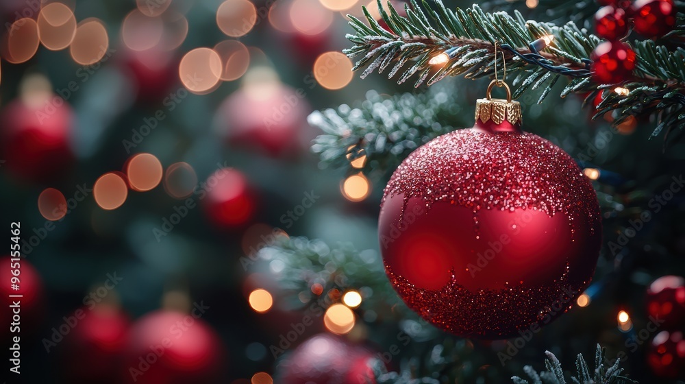 Poster close-up of a festive red ornament hanging from a christmas tree with twinkling lights and bokeh in 