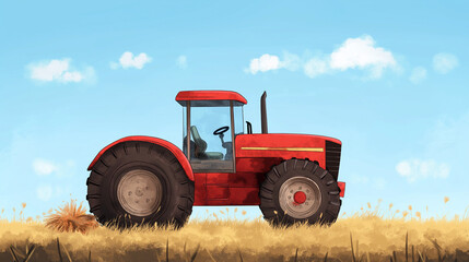 Obraz premium The vibrant red tractor works diligently in a golden field, collecting crops under a sunlit sky dotted with fluffy clouds in the fall, copy space