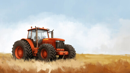 Obraz premium A vibrant orange tractor sits poised in a sprawling golden field, showcasing the harvest season’s productivity against a serene, blue sky backdrop during late afternoon, copy space