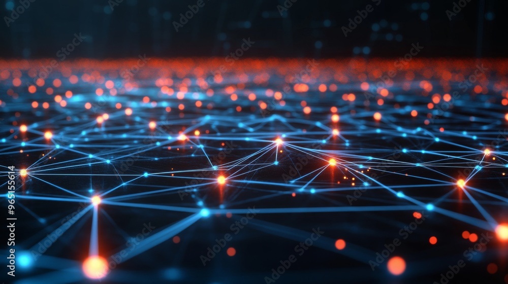 Aufkleber a striking digital network with interconnected nodes and radiant colors glowing against a dark backg