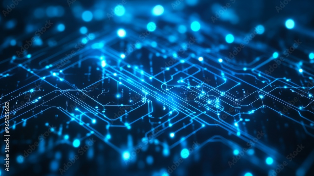Aufkleber a high-tech digital portrayal of a futuristic circuit board, illuminated by vibrant blue lines with 