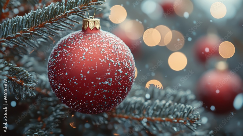 Poster glittering red christmas ornament hanging on a snow-dusted evergreen tree with soft bokeh lights in 