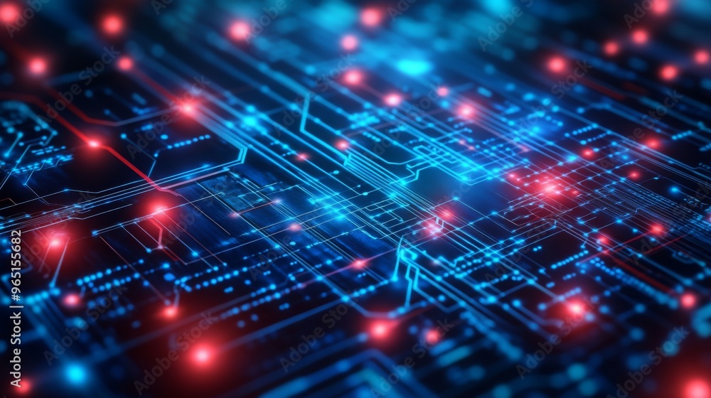 Leinwandbilder a futuristic circuit board in a vibrant digital illustration, highlighted by glowing blue and red li