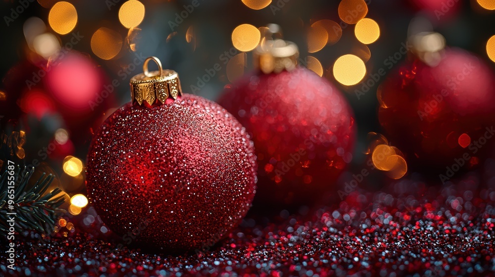 Poster glittering red christmas ornaments displayed on a festive table with sparkling lights in the backgro
