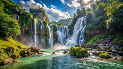 Fototapeta premium A waterfall's forceful flow creates a breathtaking sight, nestled within a verdant oasis and towering cliffs that seem