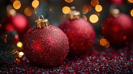 Glittering red Christmas ornaments displayed on a festive table with sparkling lights in the background during the holiday season