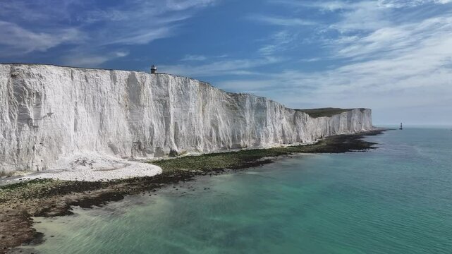 Aerial view of white chalk cliffs at Seven Sisters, South Downs National Park, East Sussex, England, United Kingdom, Europe