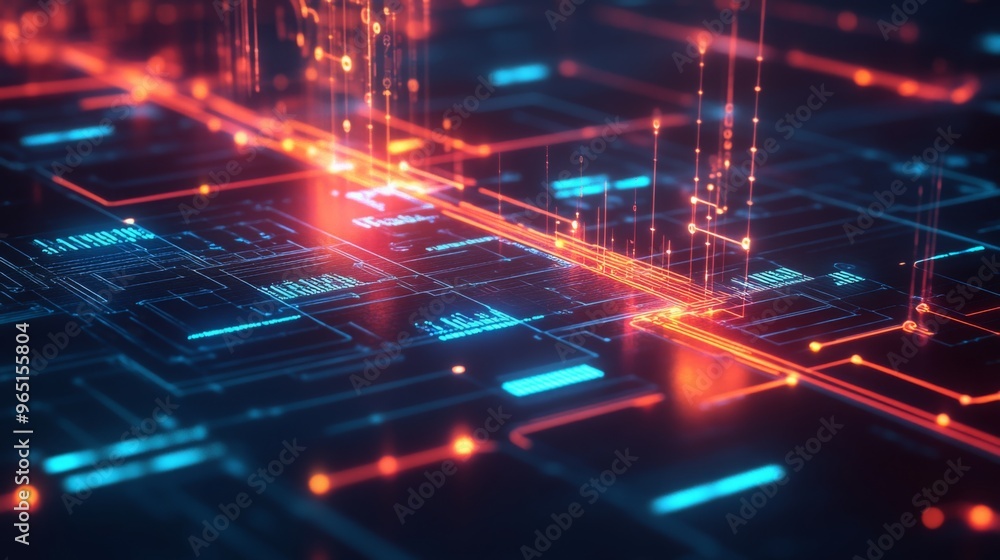 Aufkleber A bright digital representation of a futuristic circuit board with glowing blue and orange lines and scattered floating particles.