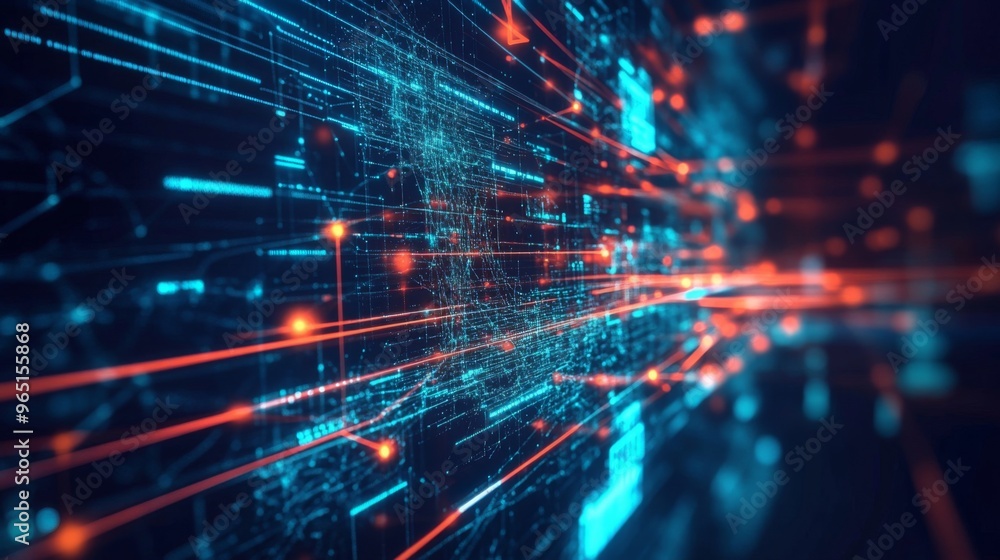 Fototapete a visually stunning digital rendition of a futuristic circuit board, glowing with blue and orange li