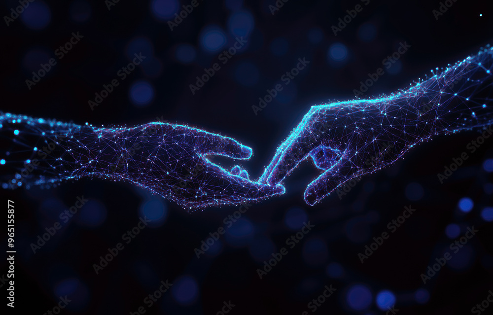 Poster a pair of hands are touching each other in a blue and white image. the image has a futuristic and ab