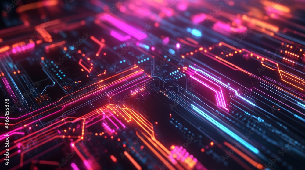 Fototapete a visually stunning digital rendition of a futuristic circuit board, glowing with blue and orange li
