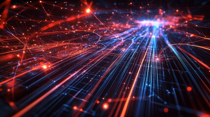 Obraz premium A dynamic digital network background, glowing circuits and flowing data streams representing advanced technological abilities and processes
