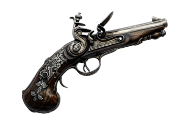 Vintage flintlock revolver with a wooden handle. Isolated on a transparent background.