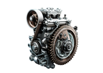 High-performance V8 engine with exposed mechanical components. Isolated on a transparent background.