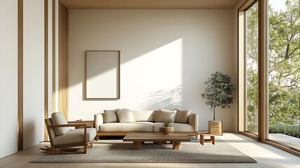 Minimalist living room with wooden furniture and cozy armchair, natural lighting, and neutral tones for a warm, peaceful atmosphere.