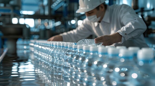 Inside the factory, factory employees check the quality of water bottles before they are shipped. Reverse osmosis systems used in factories Controlling the quality and purity of water