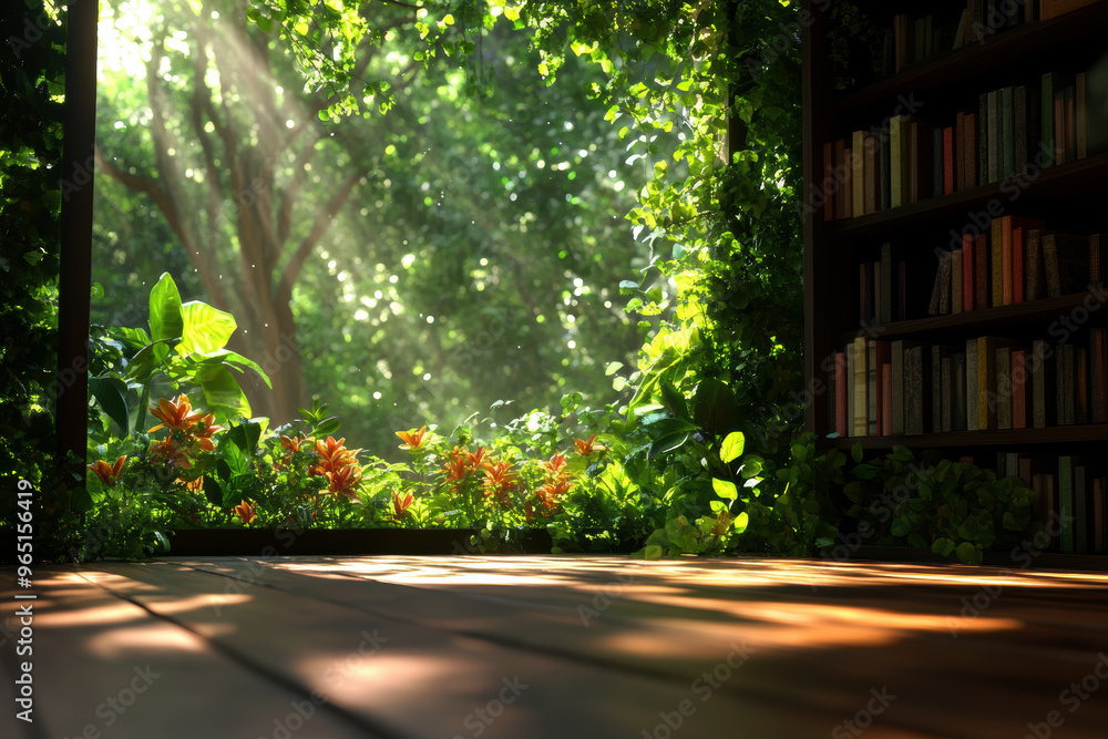 Poster a room with a large window and a bookshelf filled with books. the sunlight is shining through the wi
