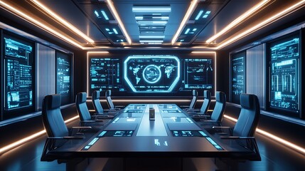 Futuristic Control Room with Global Monitoring