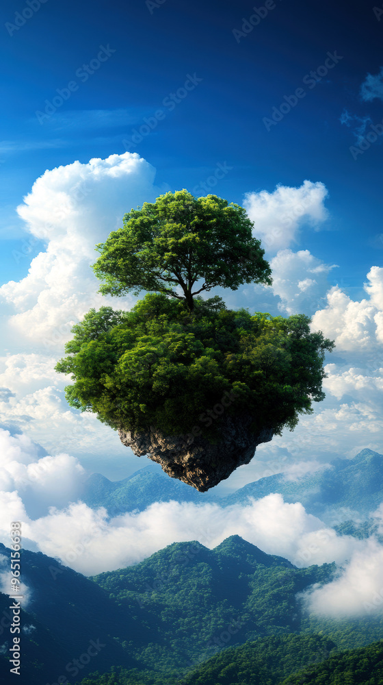 Poster a tree is floating in the sky above a mountain range. the sky is cloudy and the tree is surrounded b