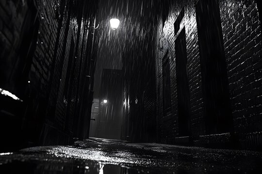 Rain-soaked film noir alleyway with a single, dim streetlamp