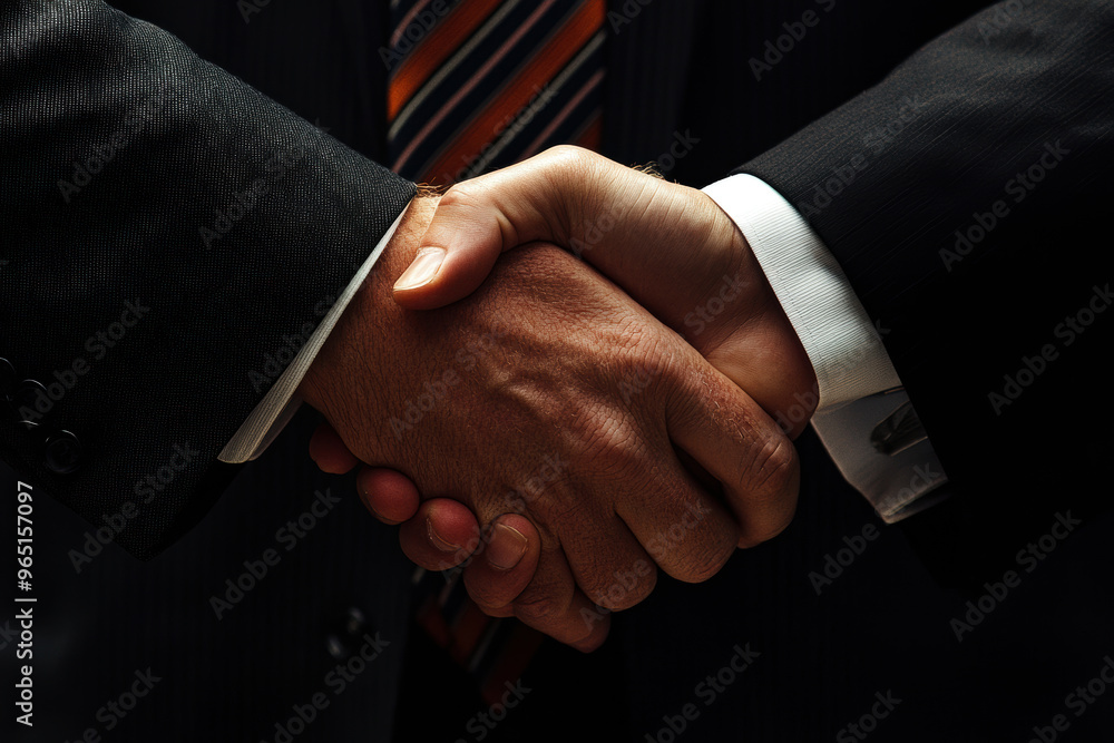 Poster two men shaking hands in a business setting. concept of professionalism and trust between the two in