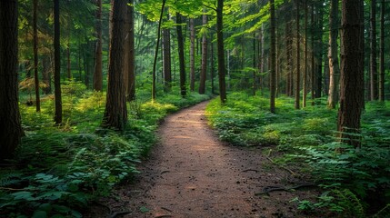 Obraz premium A path through a forest with trees on either side