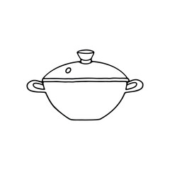 A black and white line drawing of a soup pot with handles and a lid