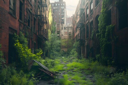 Post-apocalyptic, overgrown cityscape with nature reclaiming the streets