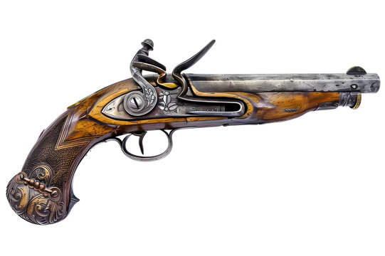 Vintage flintlock revolver with a curved handle. Isolated on a transparent background. - Powered by Adobe