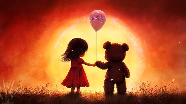 A girl with teddy bear holding birthday balloon. Seamless looping time-lapse 4k video animation background