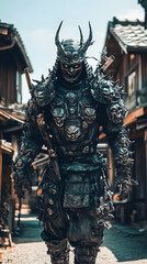Fototapeta premium A samurai wearing menacing armor made from oni material, with a helmet, walking through an Edo period town during bright daylight