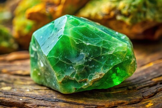 A chunky, undressed vibrant green semi-precious stone reveals its natural beauty, showcasing intricate textures and inclusions that tell the story of its ancient origins.