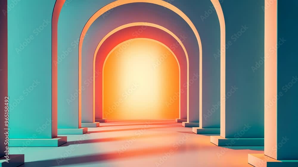 Poster a serene corridor with soft pastel arches, creating a calming atmosphere with warm light illuminatin