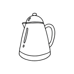 A black and white line art illustration of a teapot with a simple, rounded design