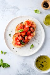 Minimalist Italian Bruschetta with Tomatoes Basil and Olive Oil