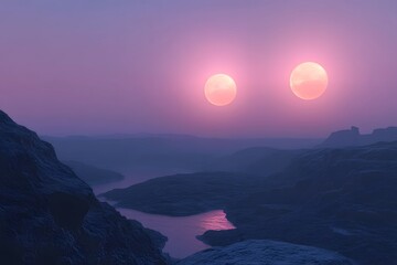 A serene landscape from an alien world, with twin suns setting over the horizon