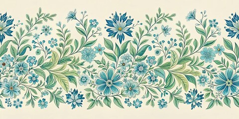 Seamless Floral Border Pattern in Watercolor Style, Blue Flowers, Green Leaves, Cream Background, Floral Design, Border Pattern, Watercolor Style