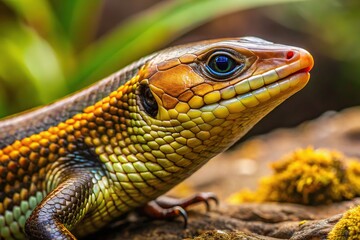 Naklejka premium A close-up shot of a Broad-Headed Skink, Plestiodon laticeps, showcases its vibrant brown and yellow scales, scaly skin, and distinctive broad head on a natural habitat background.