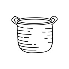 A black and white line art illustration of a wicker basket with handles