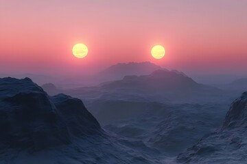 A serene landscape from an alien world, with twin suns setting over the horizon