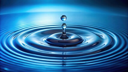 Water drop with droplet and rings on surface of bluish background, water, drop, droplet, rings, surface, blue, background