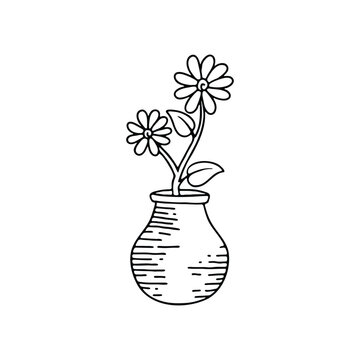 recommend clip art: A black and white line drawing of a flower vase with daisies