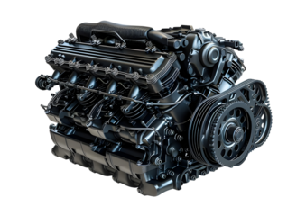 High-performance automotive engine with dual exhausts and complex mechanical system Isolated on a transparent background